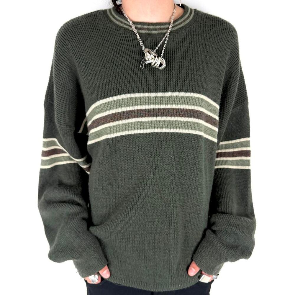 Vintage y2k grunge archive faded rare military green striped sweater